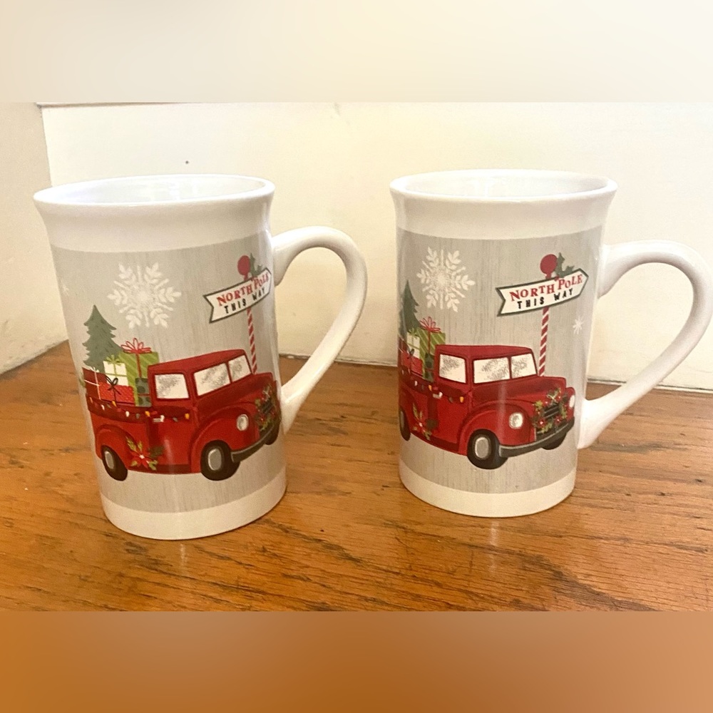 TWO Red Truck Christmas Holiday MUGS  12 oz.